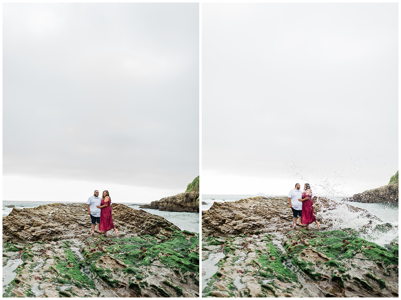 couple standing on the rocks by the beach and getting splashed