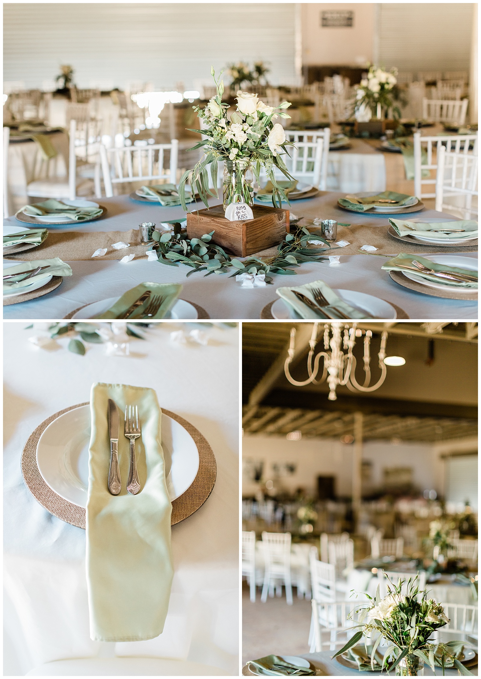 white, sage and gold wedding decorations and table settings