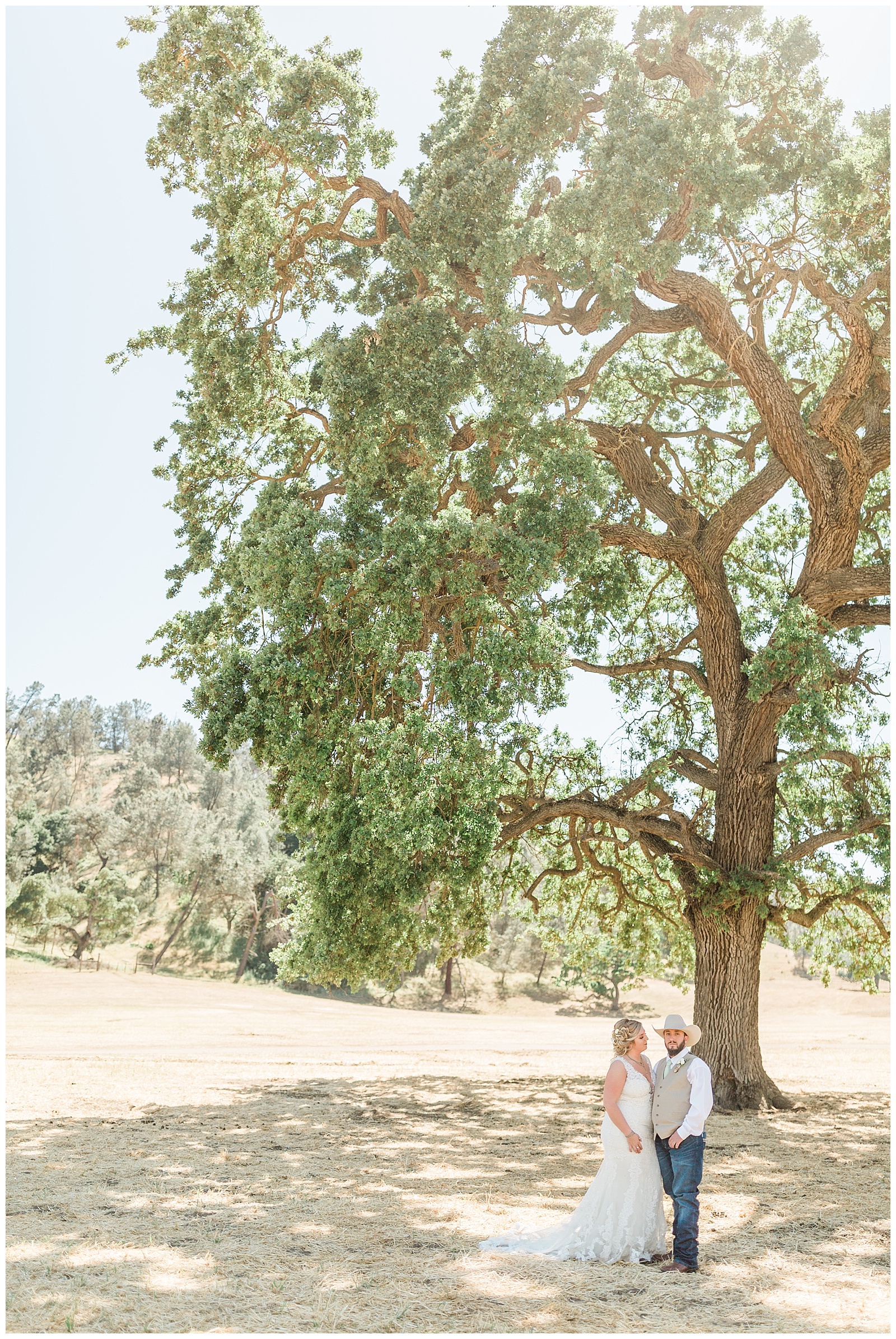 bride and groom posing under a large oak tree