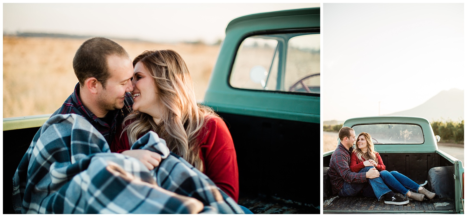couple cuddling in the bed of an old ford truck