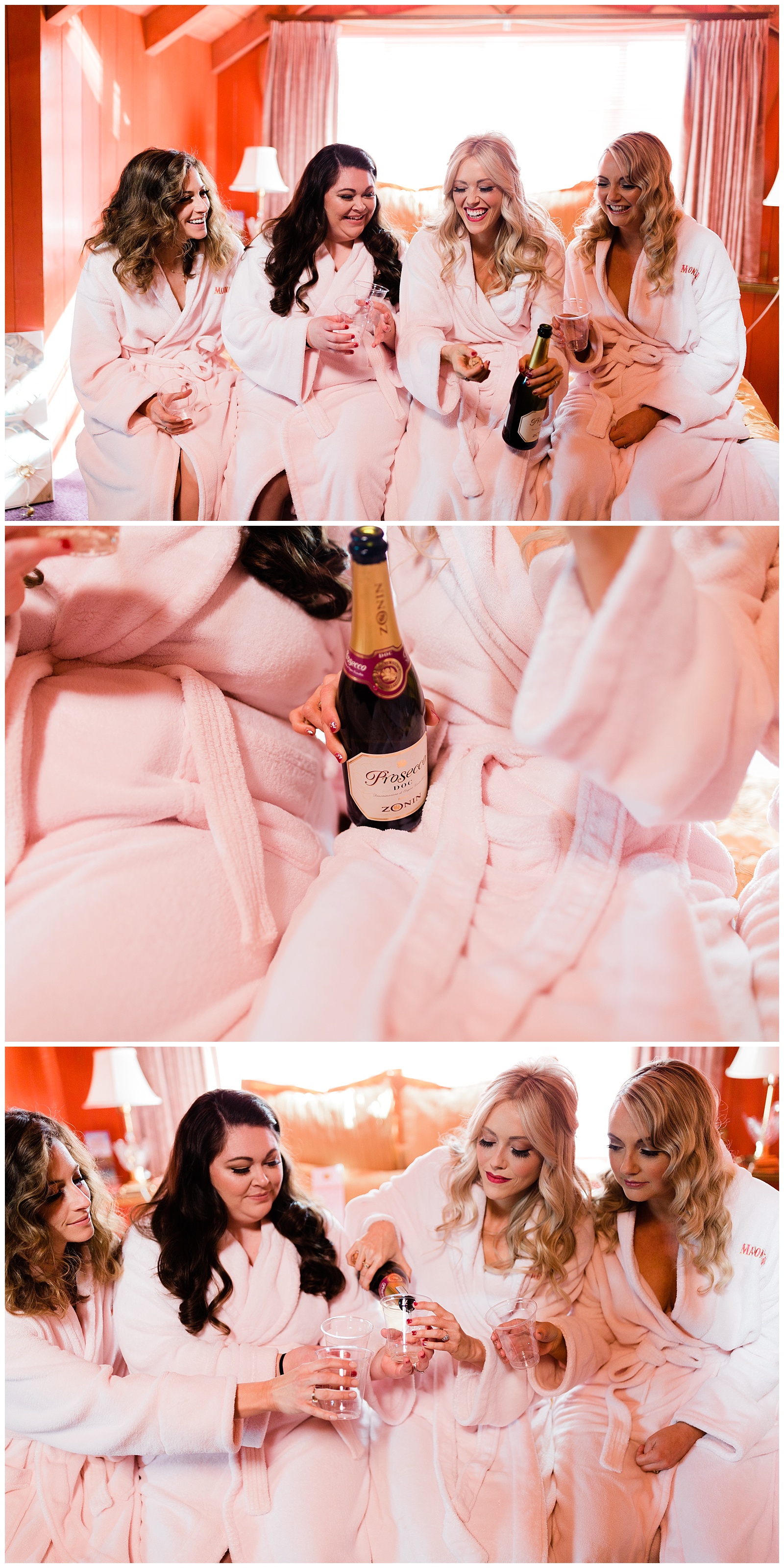 bride and bridesmaids popping champagne before getting ready