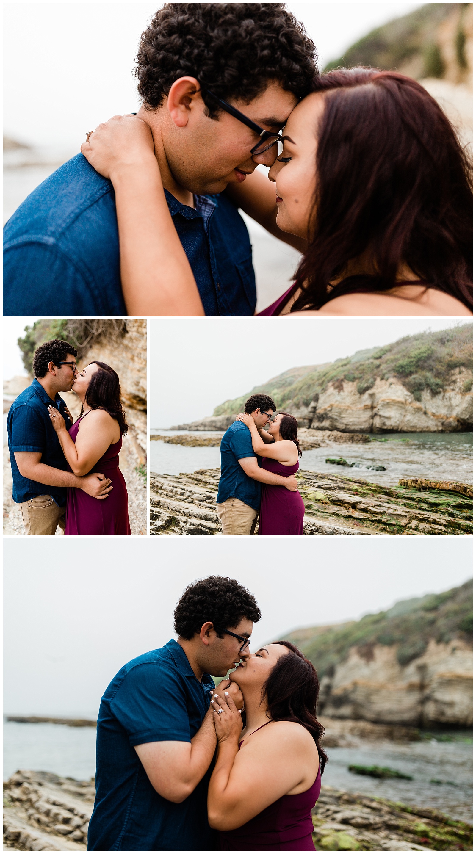 engaged couple taking foggy coastal engagement photos on the beach with fresno wedding photographer megan helm