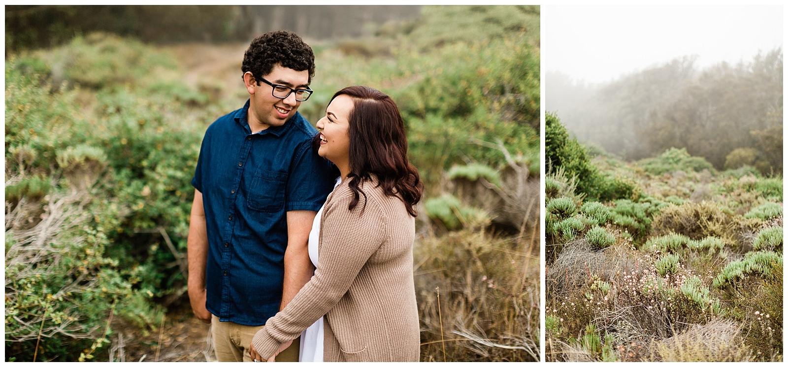 engaged couple holding hands and laughing on a foggy california coastal afternoon