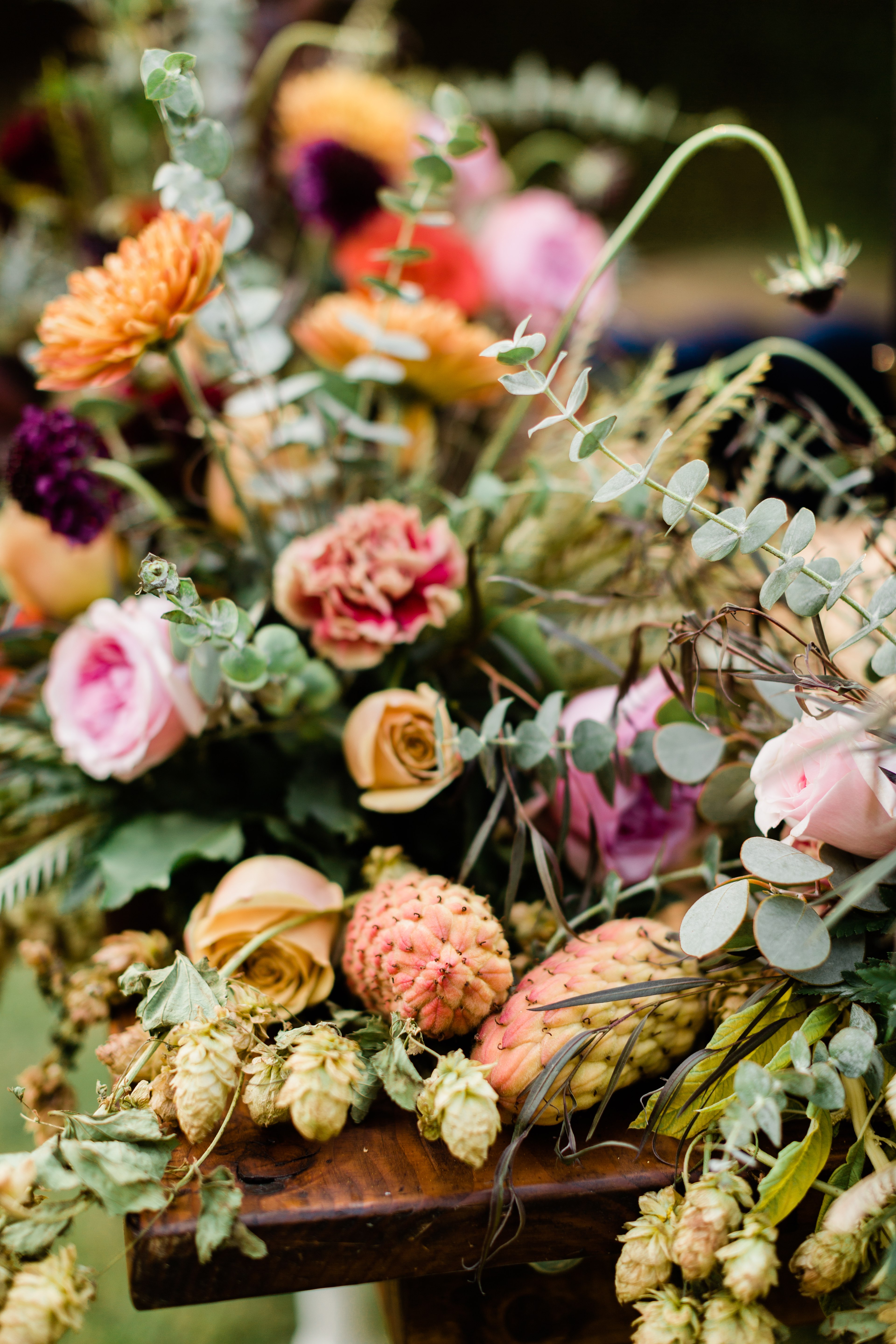 colorful fall wedding flowers with hops