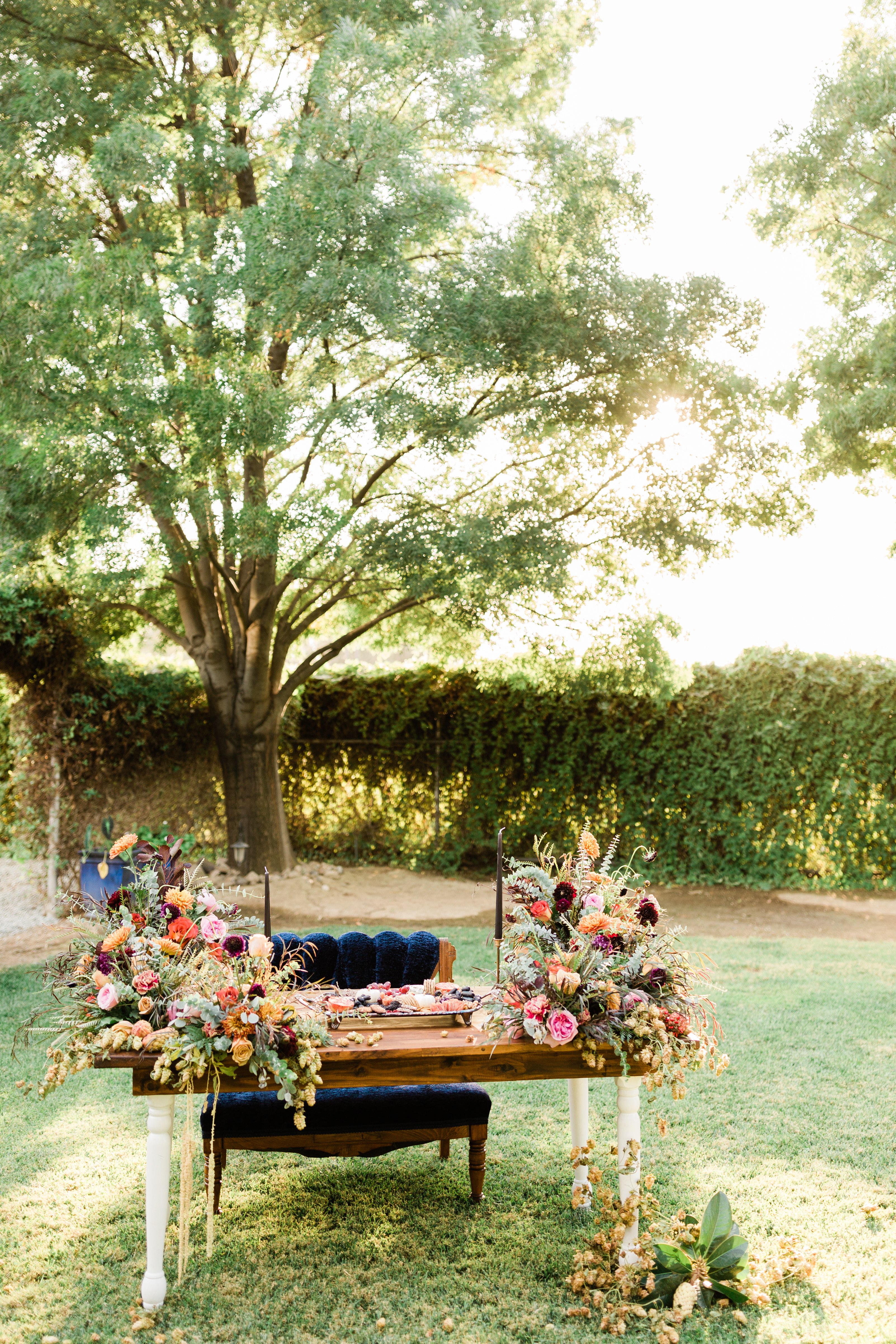 fall wedding decor inspiration with royal blue and green