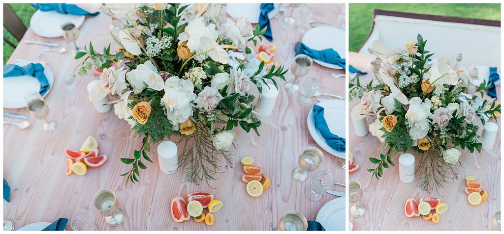 romantic and colorful wedding reception flowers and table decor