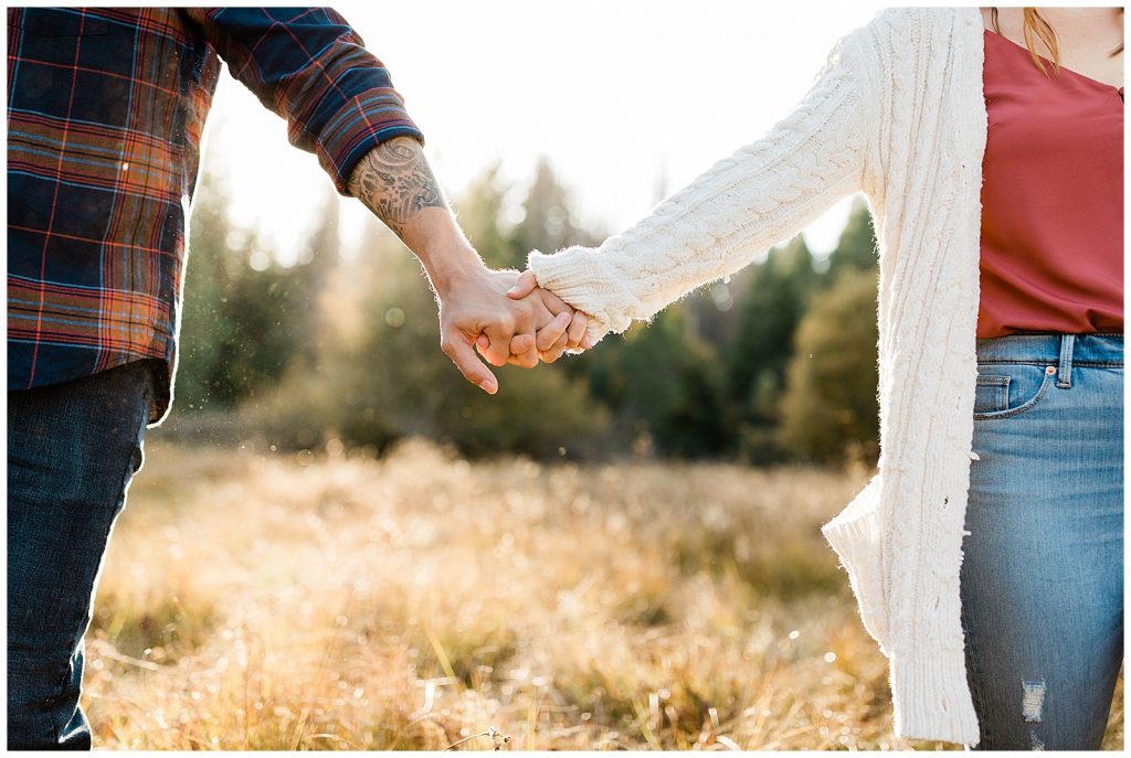 engaged couple holding hands and walking through a meadow