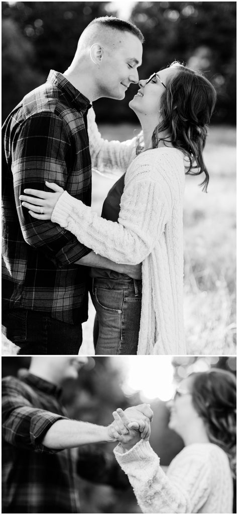 black and white images of an engaged couple holding hands and embracing