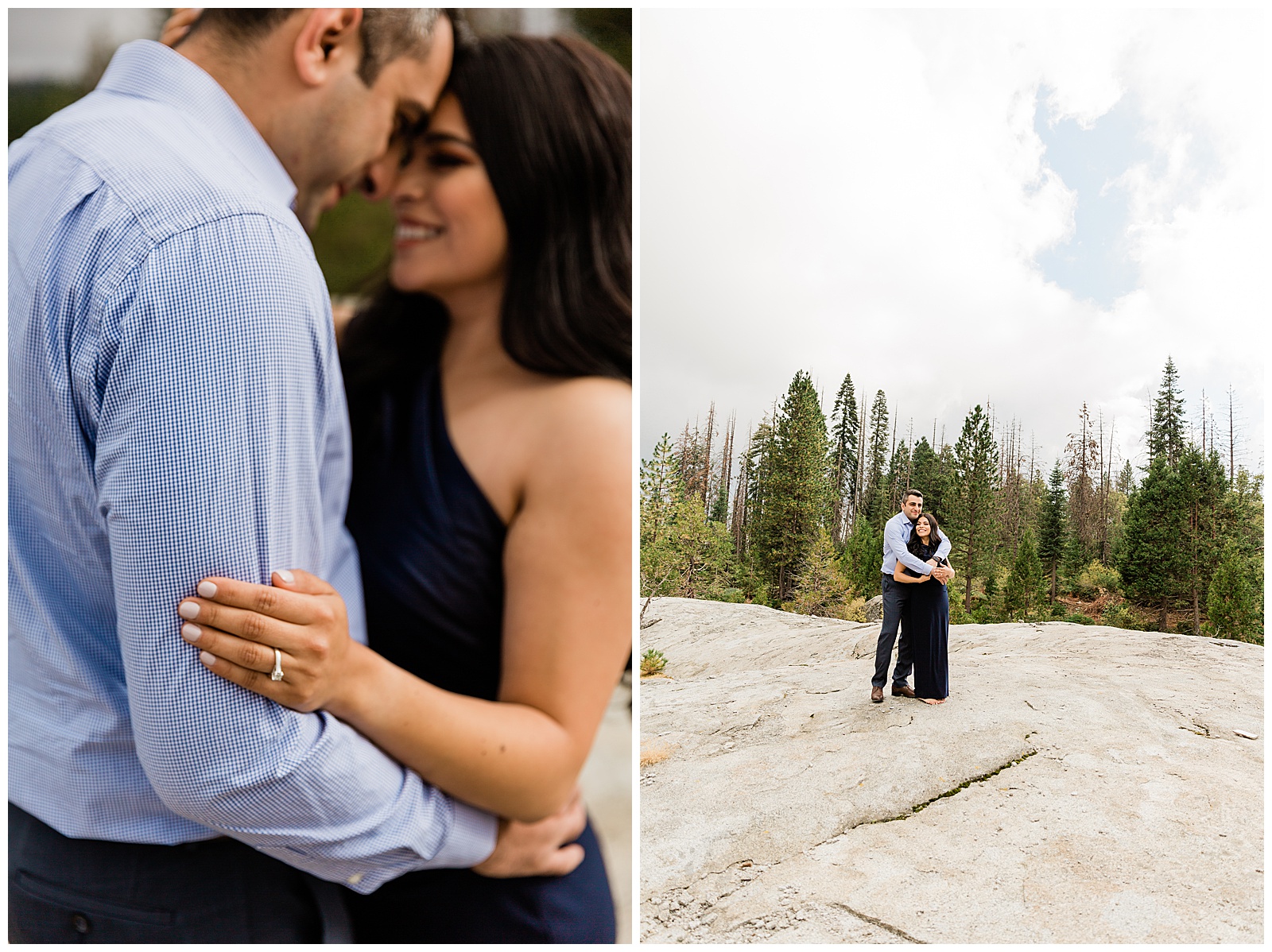engaged couple embracing on a rock in shaver lake, california