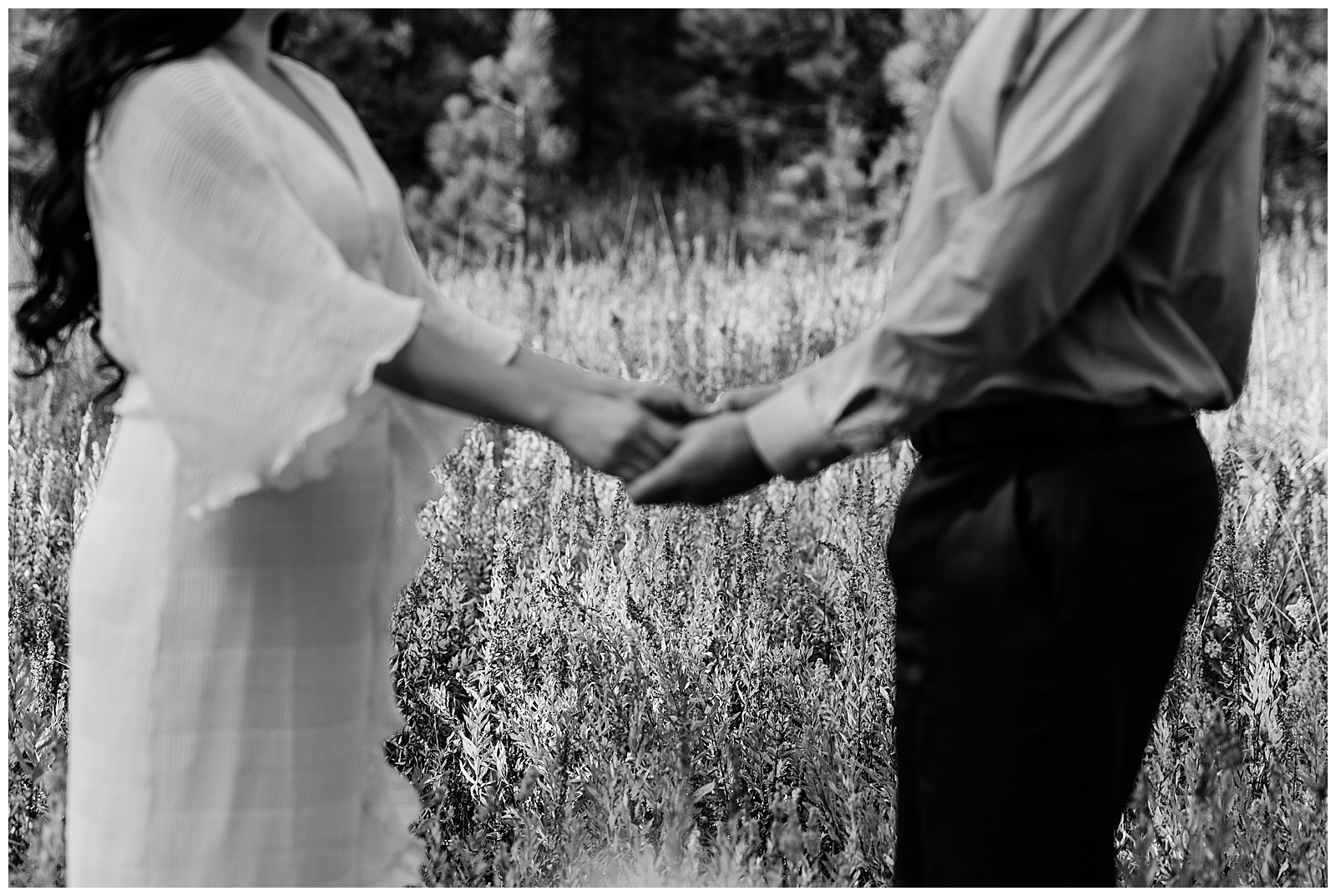 black and white photo of a couple holding hands with the focus on the meadow behind them