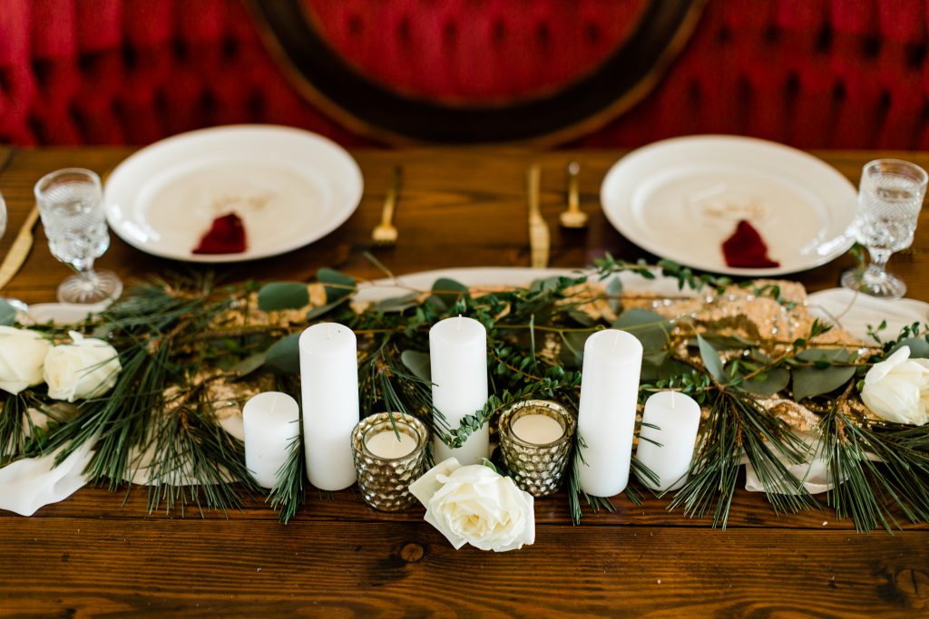 Christmas wedding sweetheart table decor ideas with a farm style head table