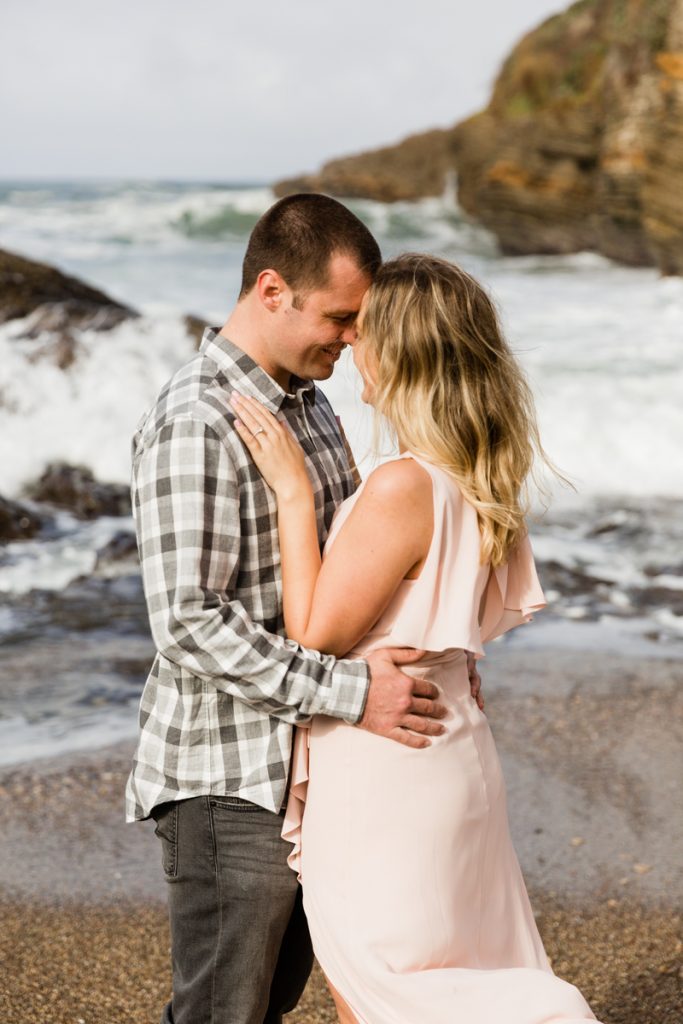 blush and grey engagement photo outfit ideas