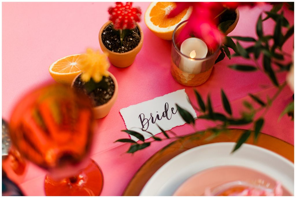 bold color place setting inspiration with cactus 