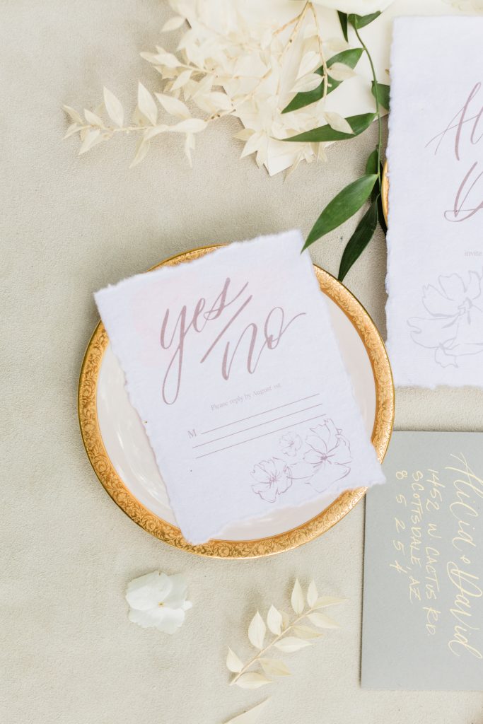 rsvp card in white and blush