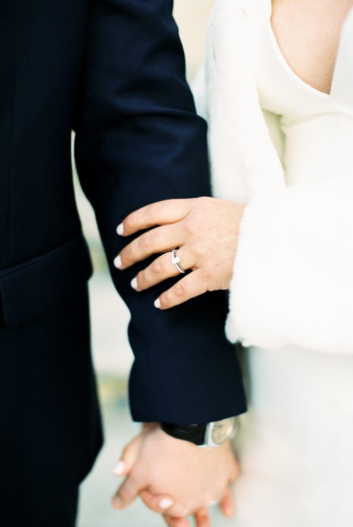 close up of wedding ring and white fur jacket