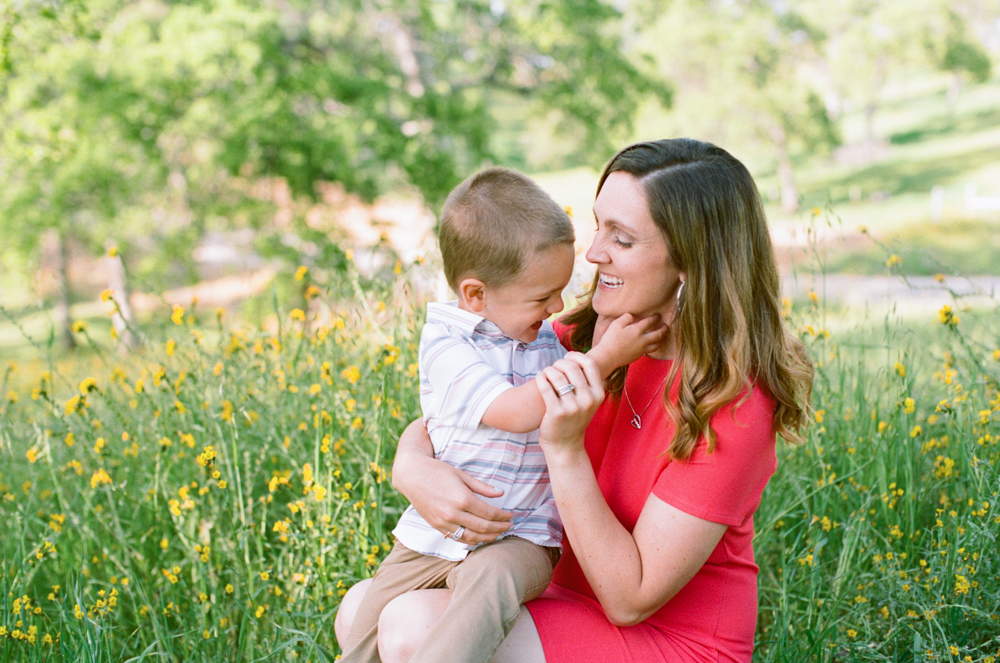 toddler sitting on moms lap in tall grass with spring flowers