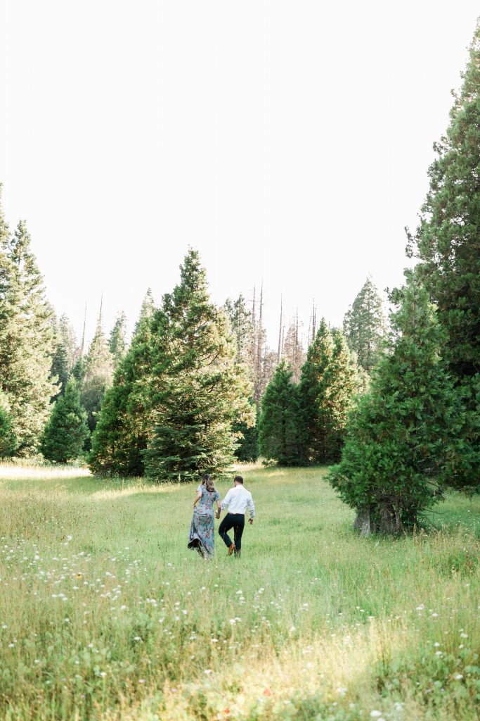 couple holding hands and walking through a green mountain meadow