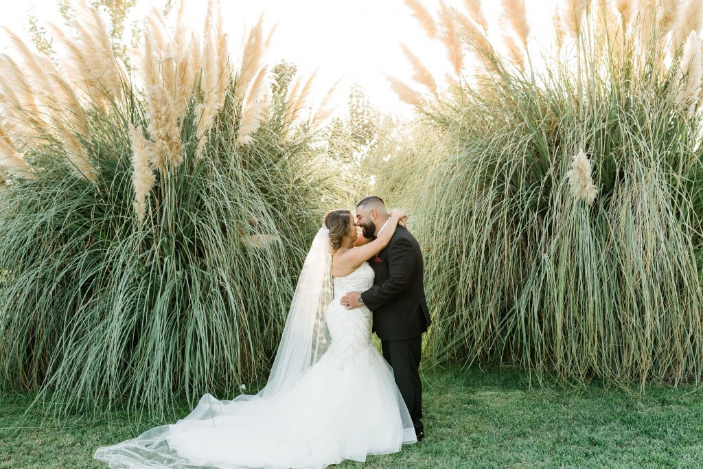 bride and groom embracing in front of pampas grass bushes at r wedding house