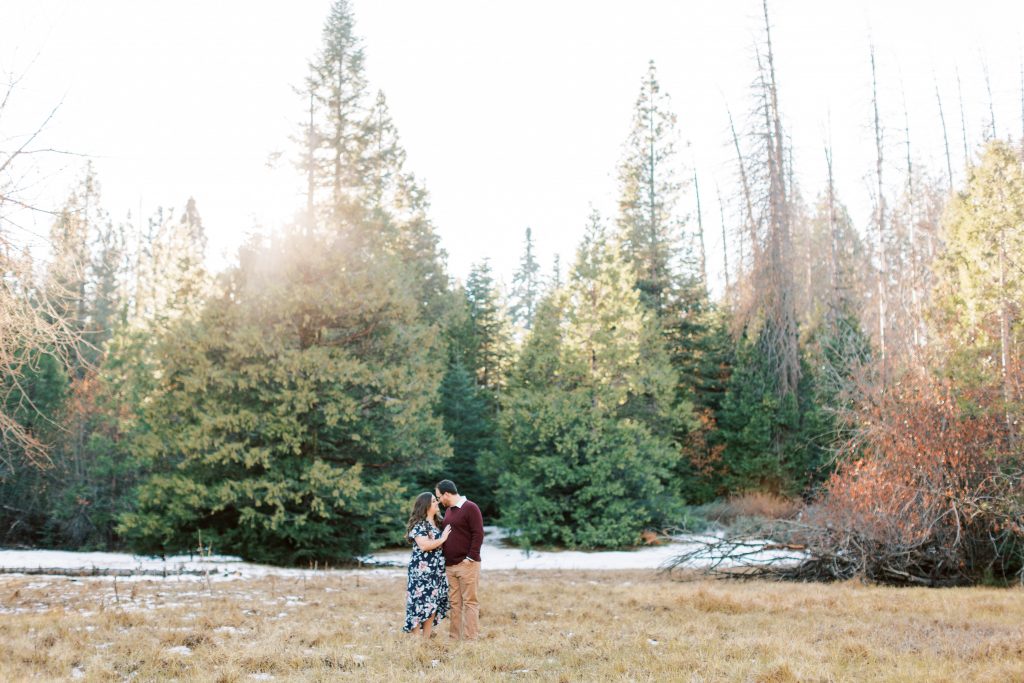 couple standing in the middle of a mountain meadow