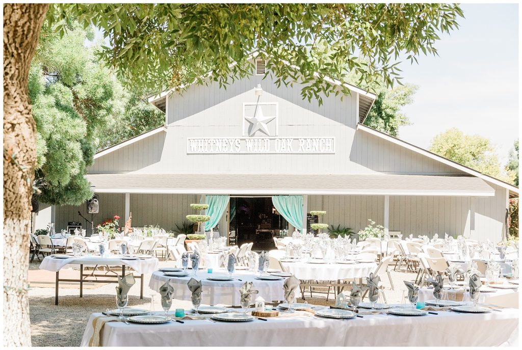 Wedding reception set up at Whitney's Wild Oak Ranch