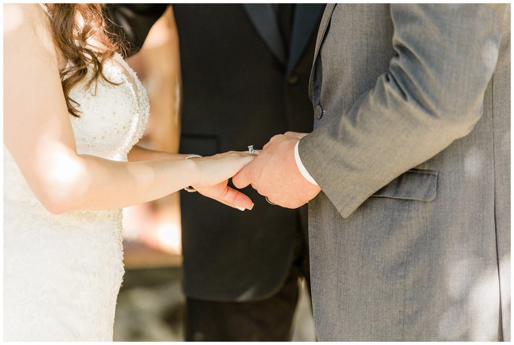Bride and Groom holding hands during wedding ceremony. 
