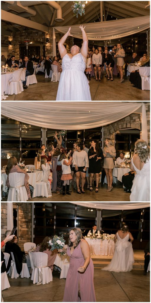 Bride doing a bouquet toss with bridesmaid catching it