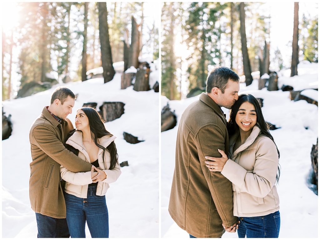 Couple hugging in the snow at Grant Grove