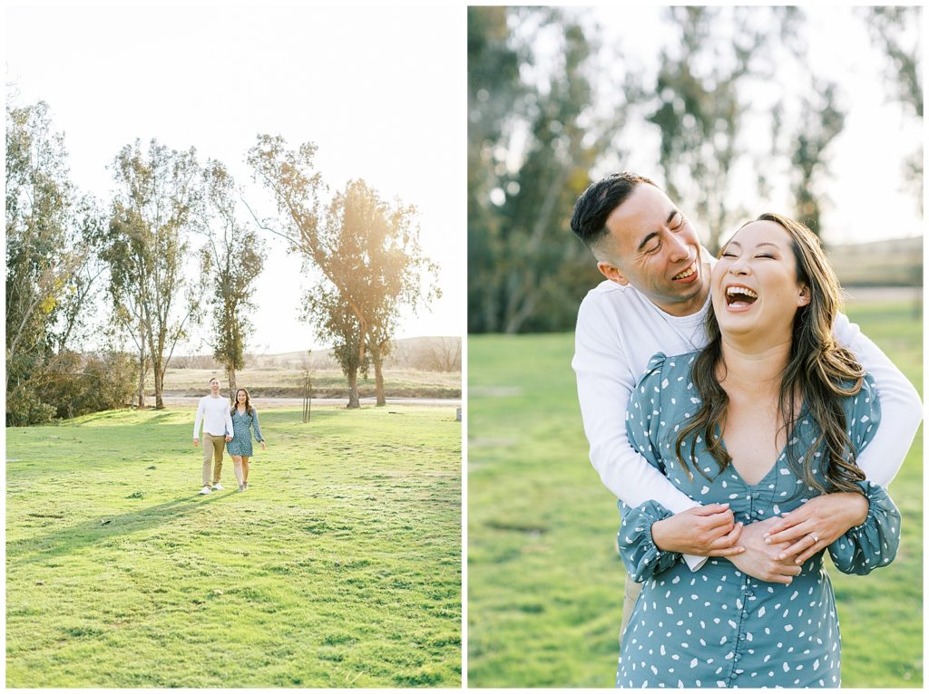 Couple walking in the grass and hugging in the grass at Lost Lake engagement