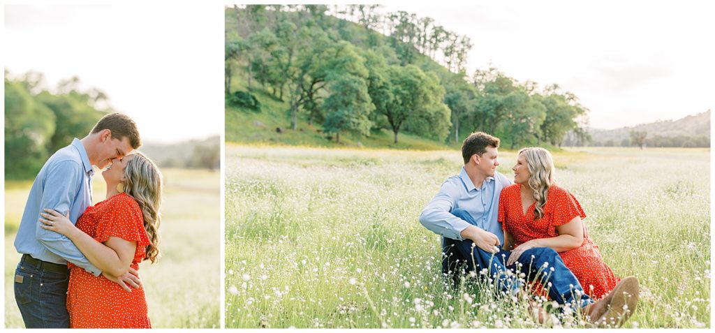 Wildflower engagement photos of couple among the wildflowers hugging and laughing