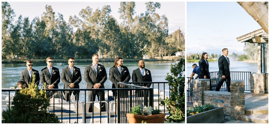groom and groomsmen arriving to wedding ceremony by boat