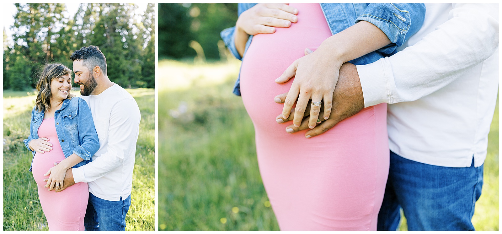 close up of pregnant belly in pink dress with husband and wife holding hands