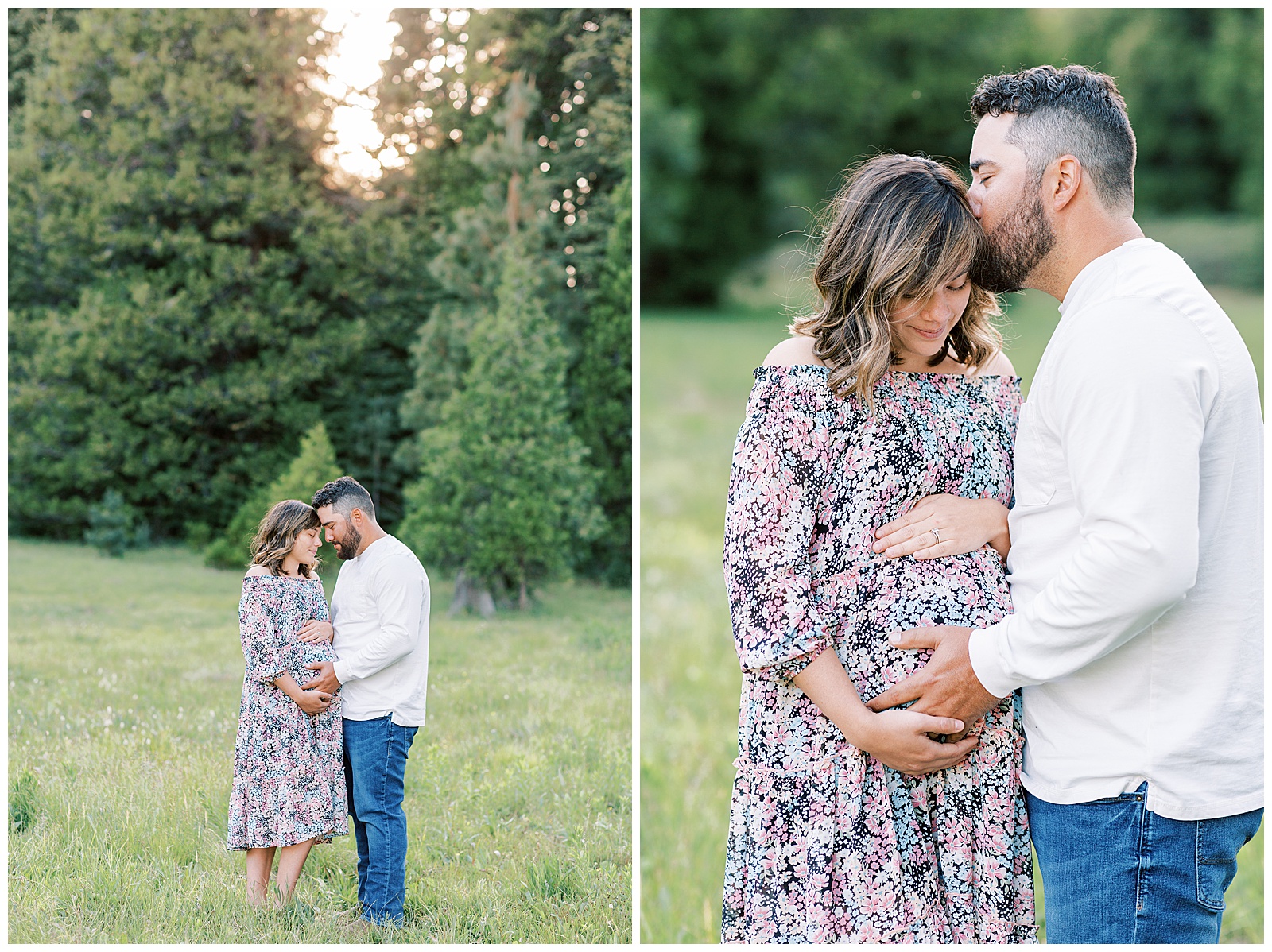 husband and wife embracing for maternity photos in grassy meadow with evergreen trees