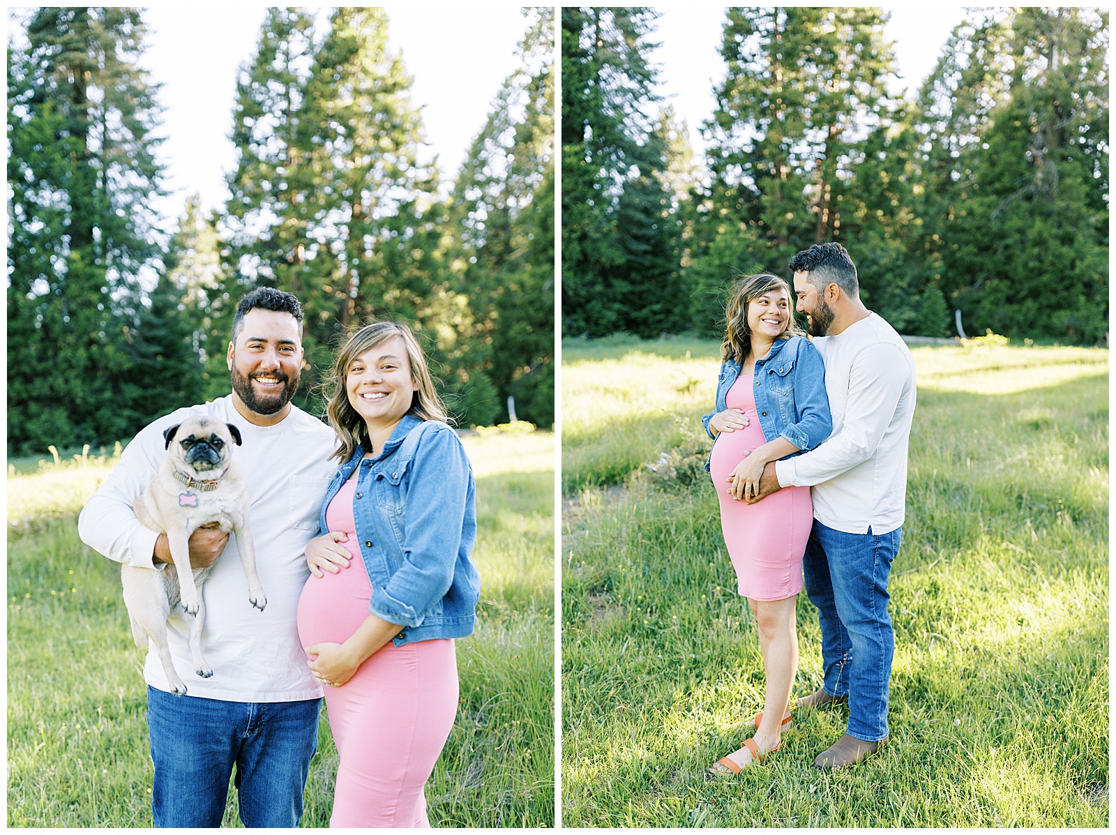 husband and wife with pug posing for maternity photos