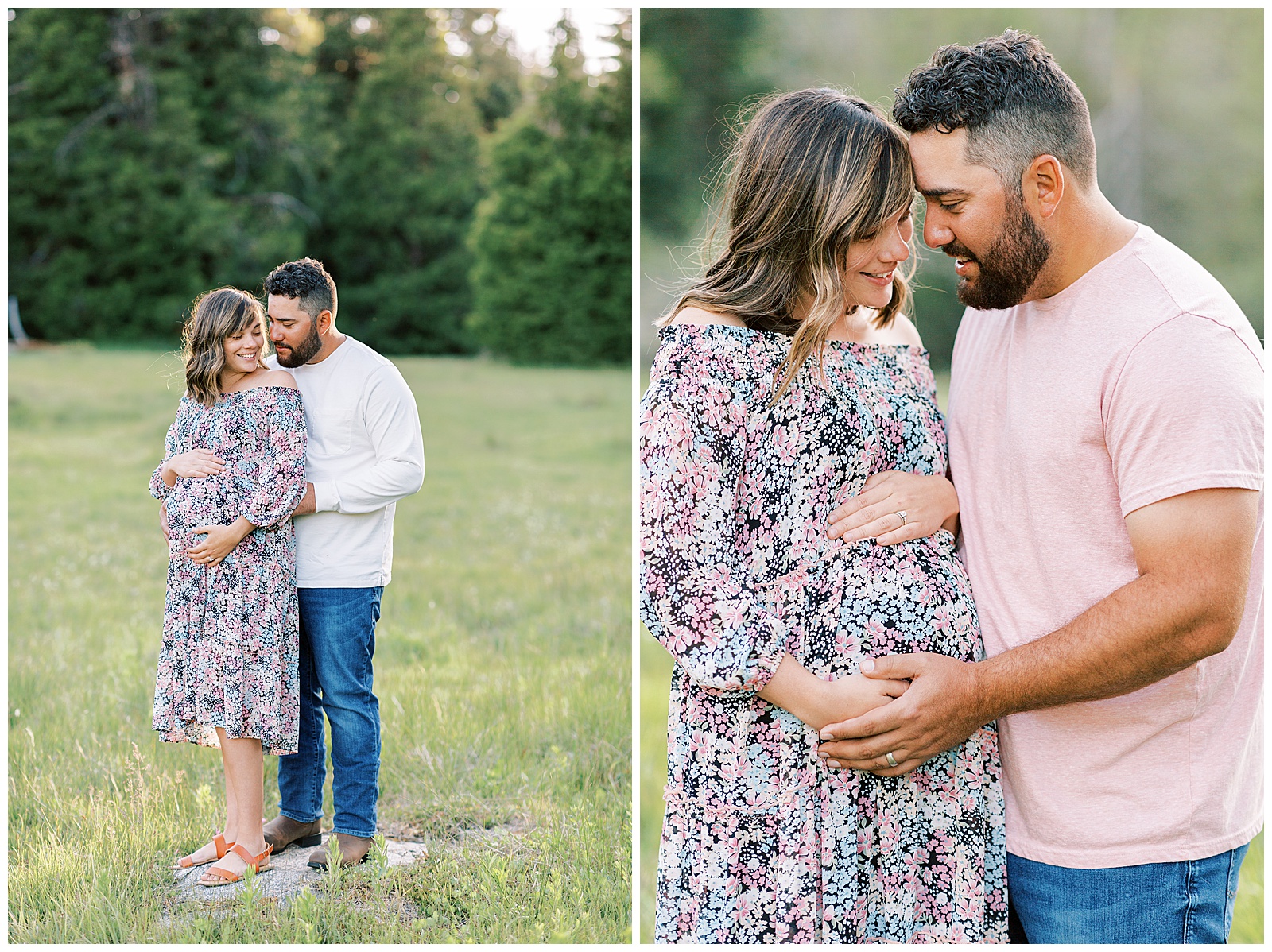 husband and wife taking maternity photos in meadow
