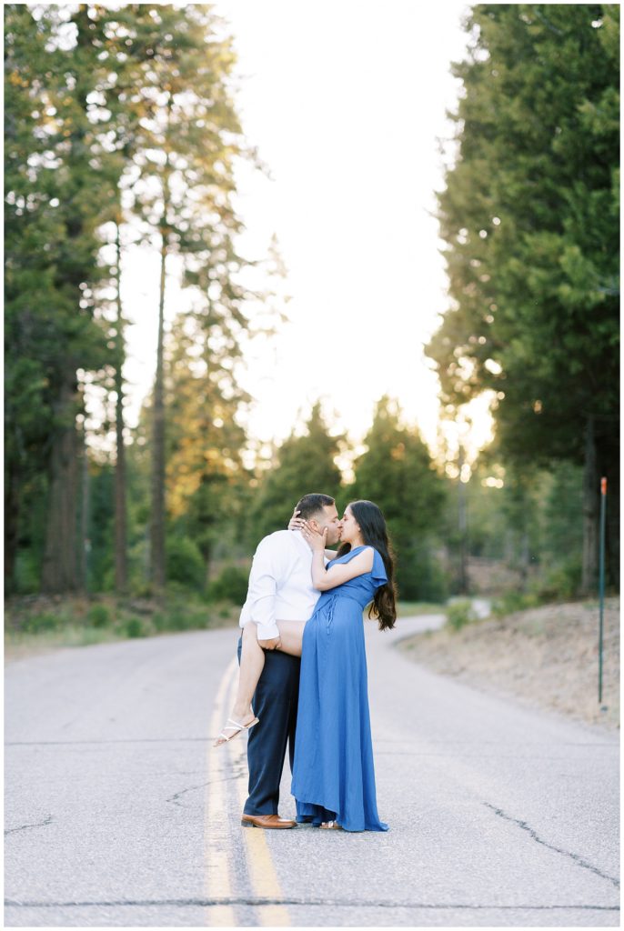 summer engagement photos during golden hour in shaver lake
