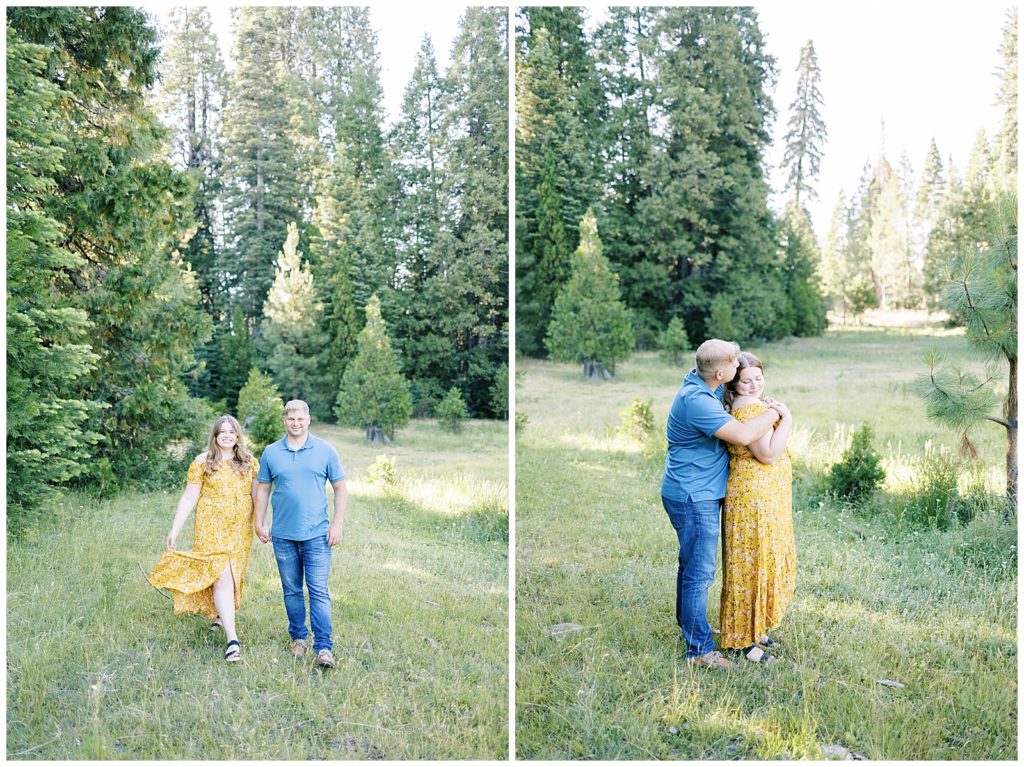 engaged couple wearing yellow dress and blue shirt holding hands walking in mountain meadow shaver lake photographer