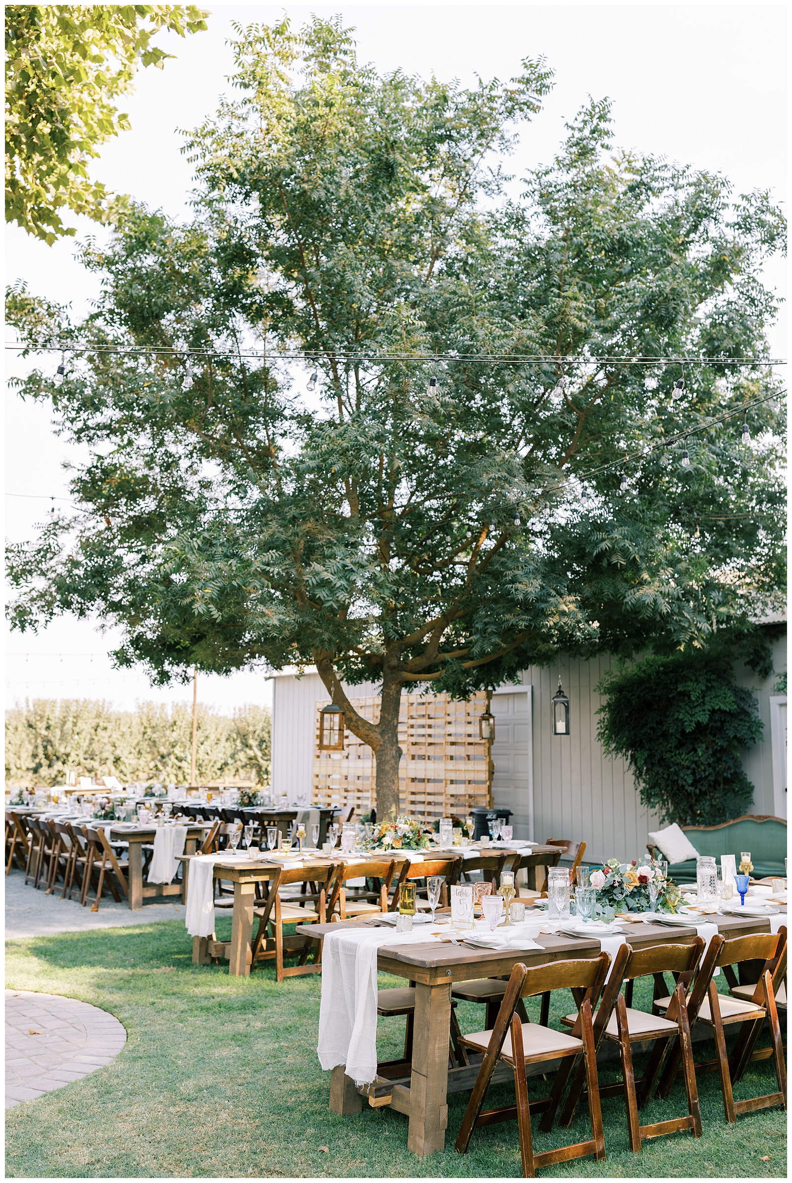 reedley wedding backyard reception decor inspiration farm style tables with vintage plates, mixed drinkware and floral centerpieces
