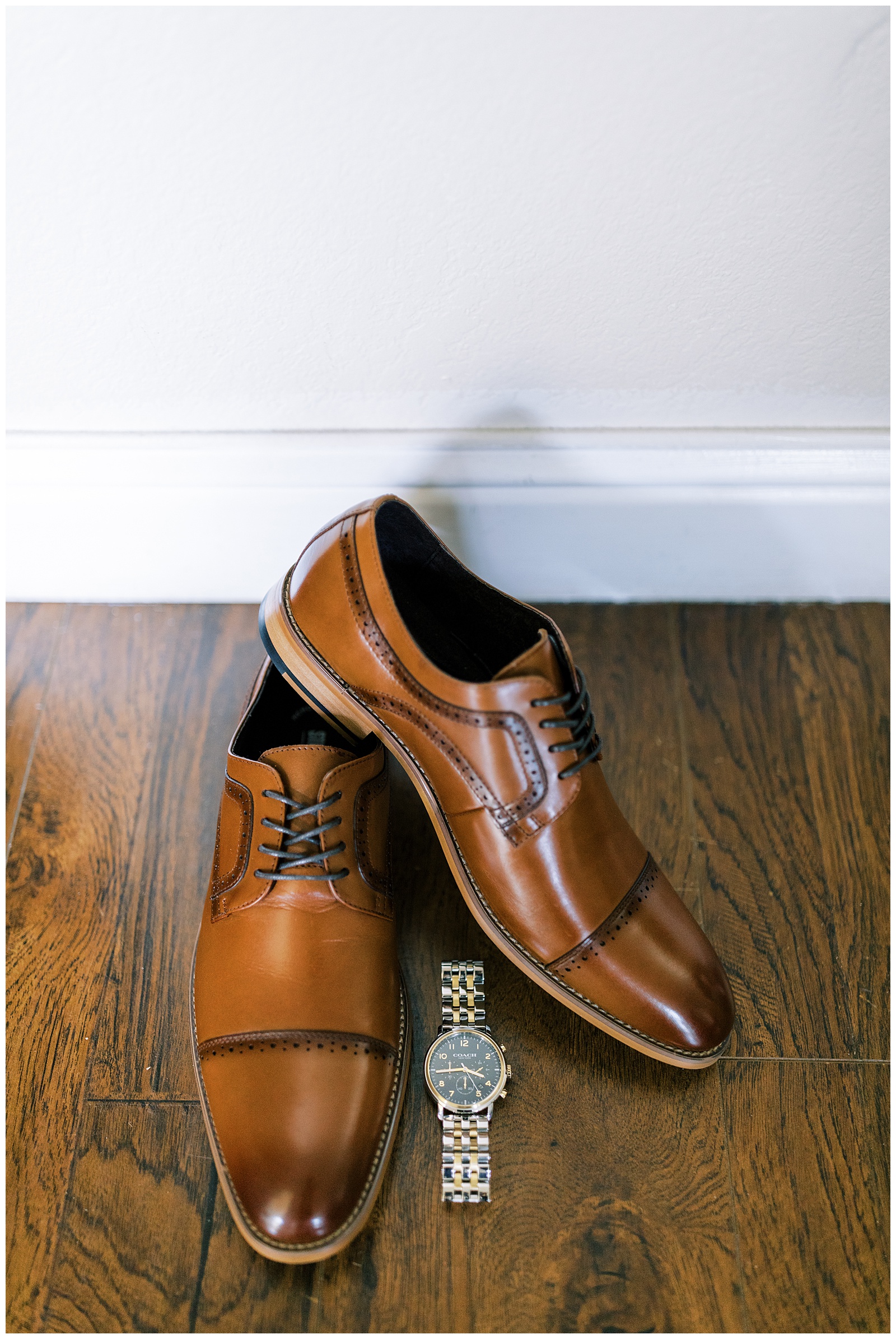 brown dress shoes with watch groom getting ready photos