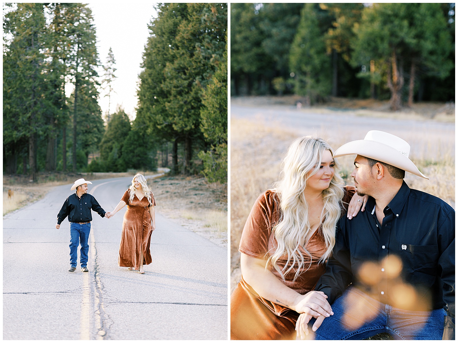 woman in burnt orange velvet dress holding hands with fiance and walking down road shaver lake engagement photos