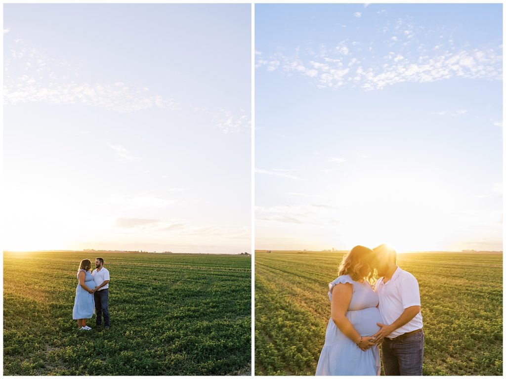 pregnant couple embracing in alfalfa field with sunset light glowing behind them