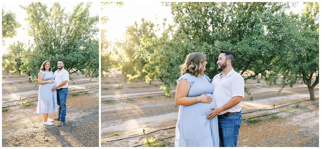 man and pregnant wife embracing and laughing for maternity photos