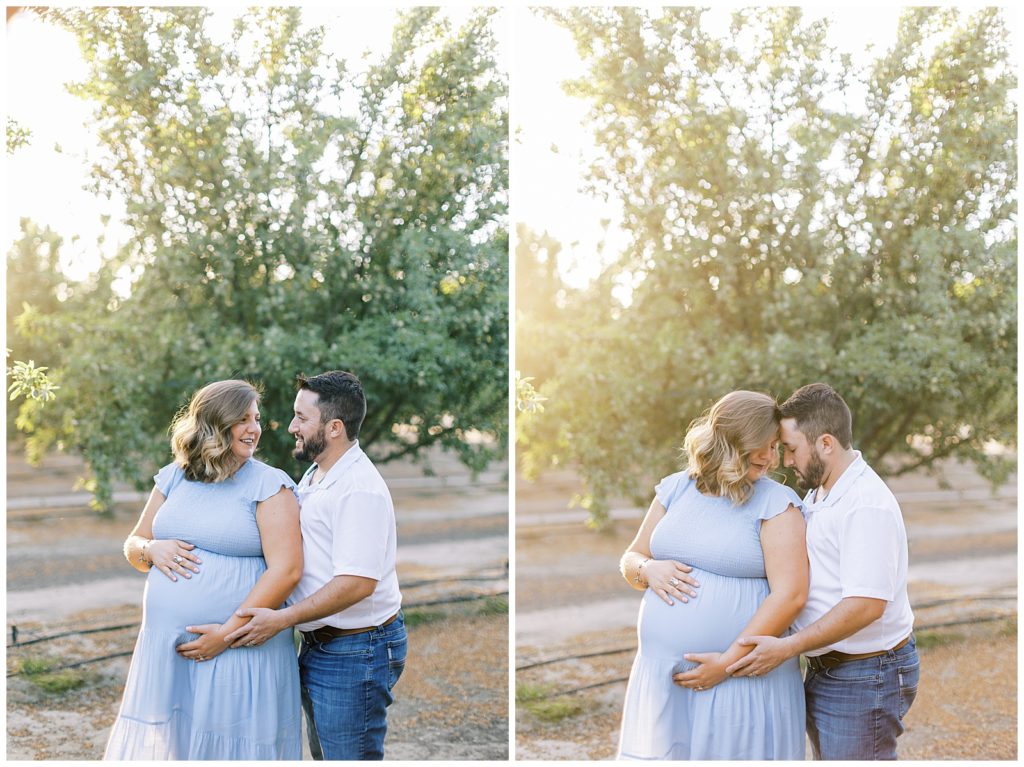 summer maternity photos in almond orchard