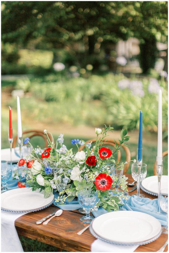 red white and blue wedding flowers and centerpiece