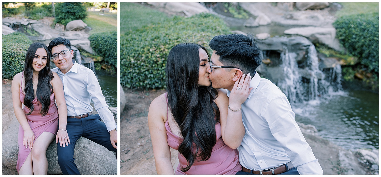 engaged couple sitting on rocks by waterfall at shinzen japanese gardens in fresno california
