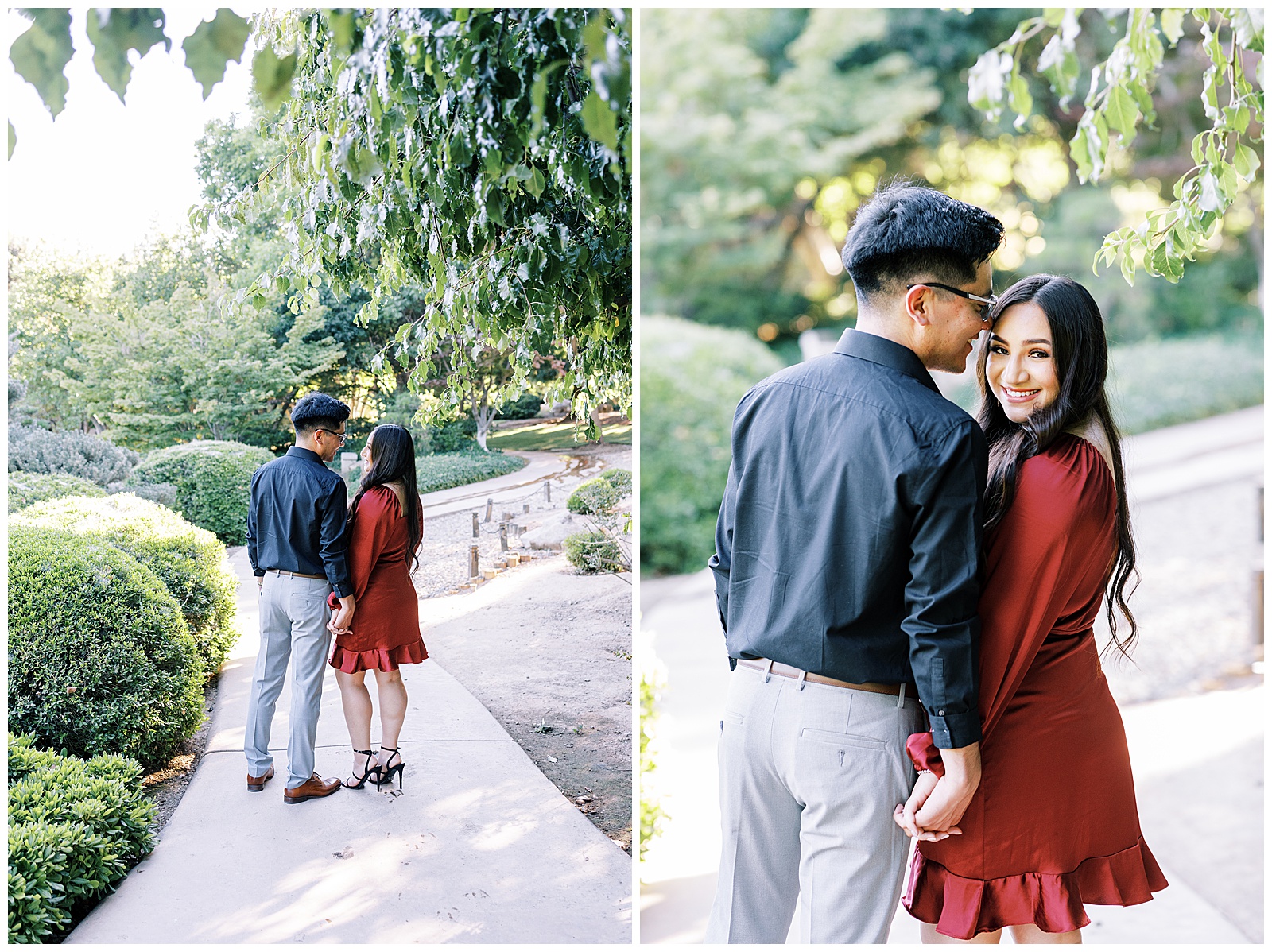 engaged couple holding hands smiling under trees at shinzen japanese gardens in fresno red dress