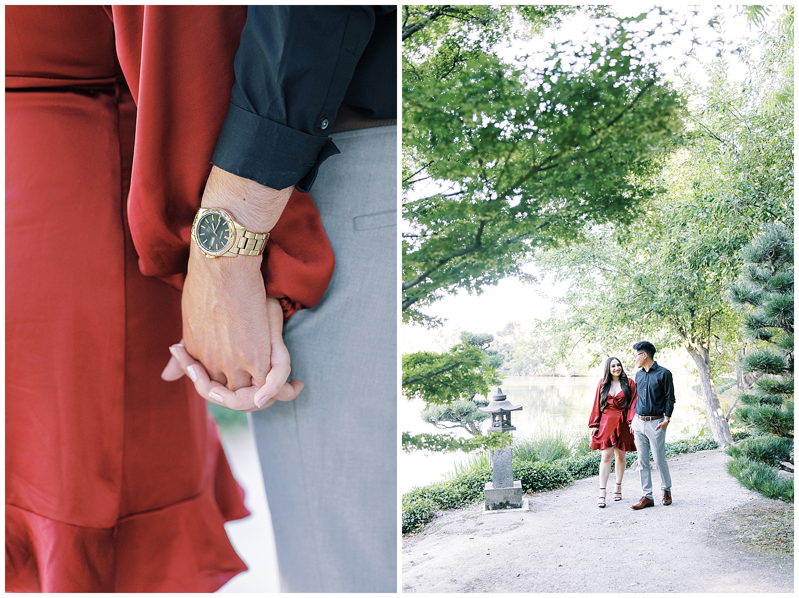 engaged couple holding hands and walking through japanese gardens