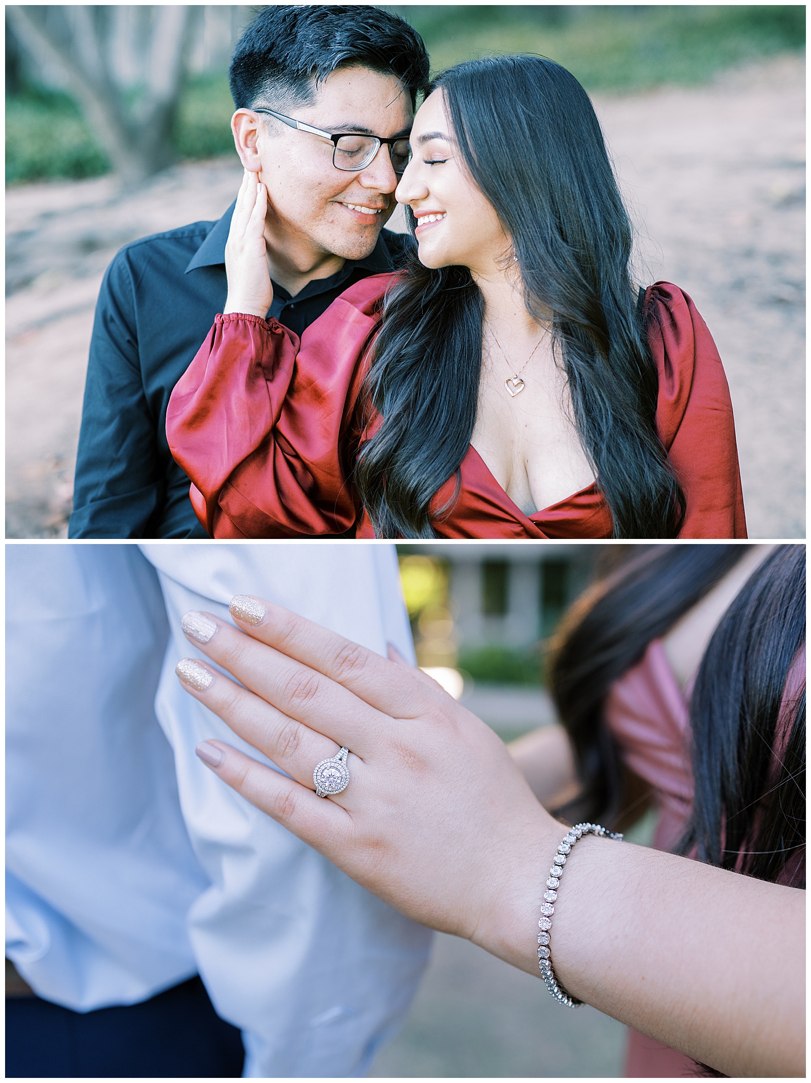 engaged couple wearing red and black embracing close up solitare engagement ring with halo