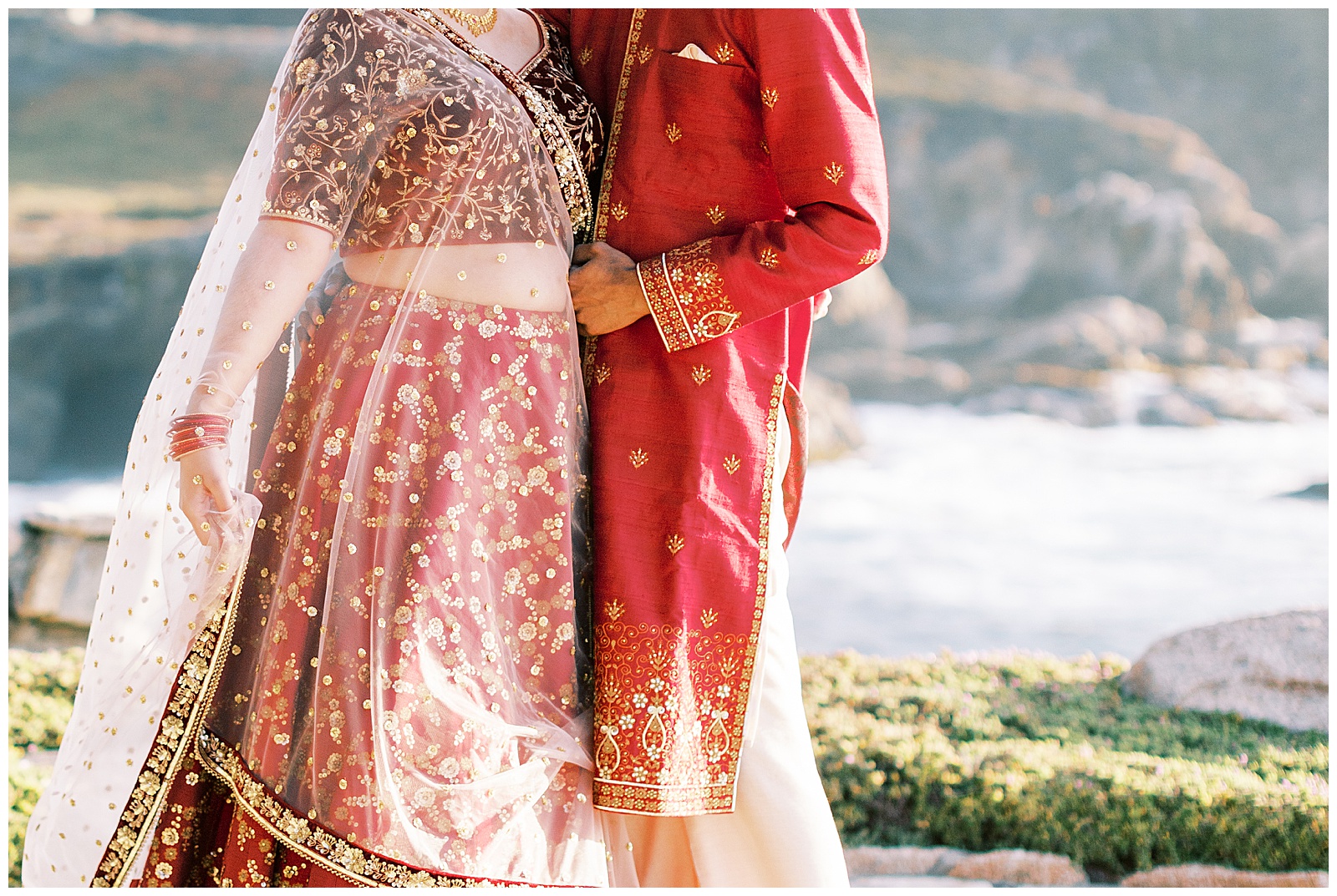 close up details of red and gold indian wedding clothing