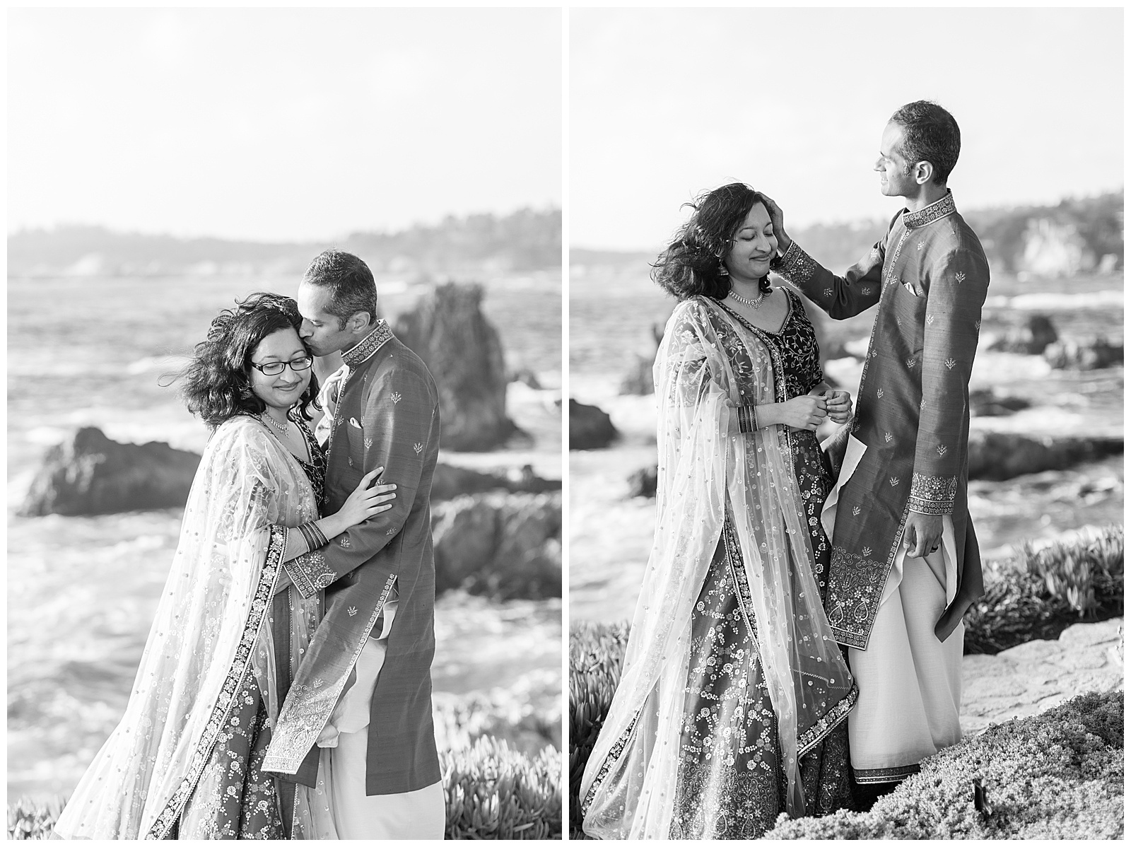 black and white photos groom kissing brides cheek sweeping wind blown hair behind brides ear 