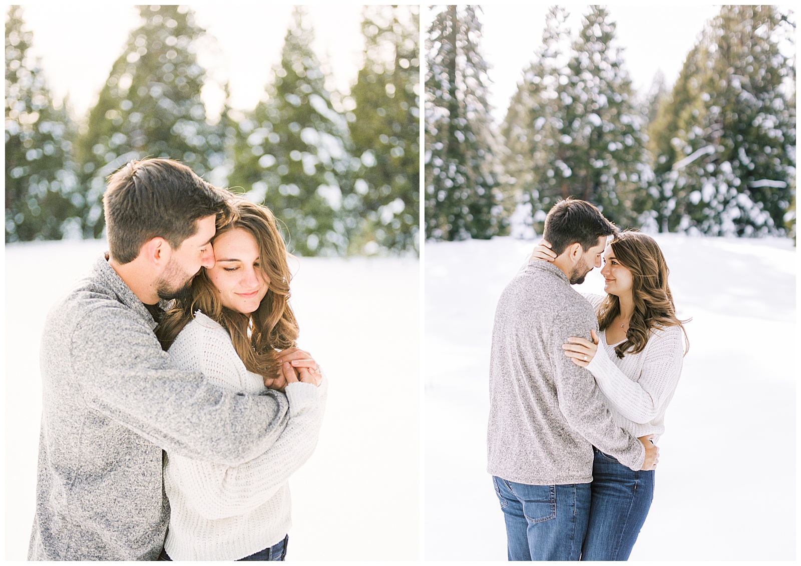 man and woman embracing engagement photos winter engagement snowy photos